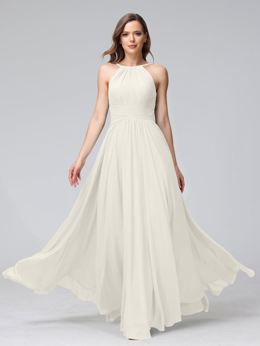 Vestidos de Dama de Honra Em Chiffon com Frente Única Evasê Sem Mangas Franzidos Até O Chão