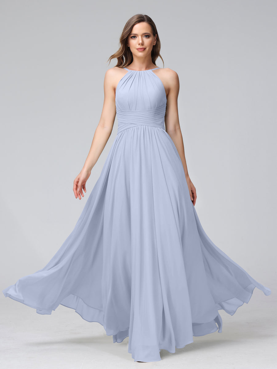 Vestidos de Dama de Honra Em Chiffon com Frente Única Evasê Sem Mangas Franzidos Até O Chão