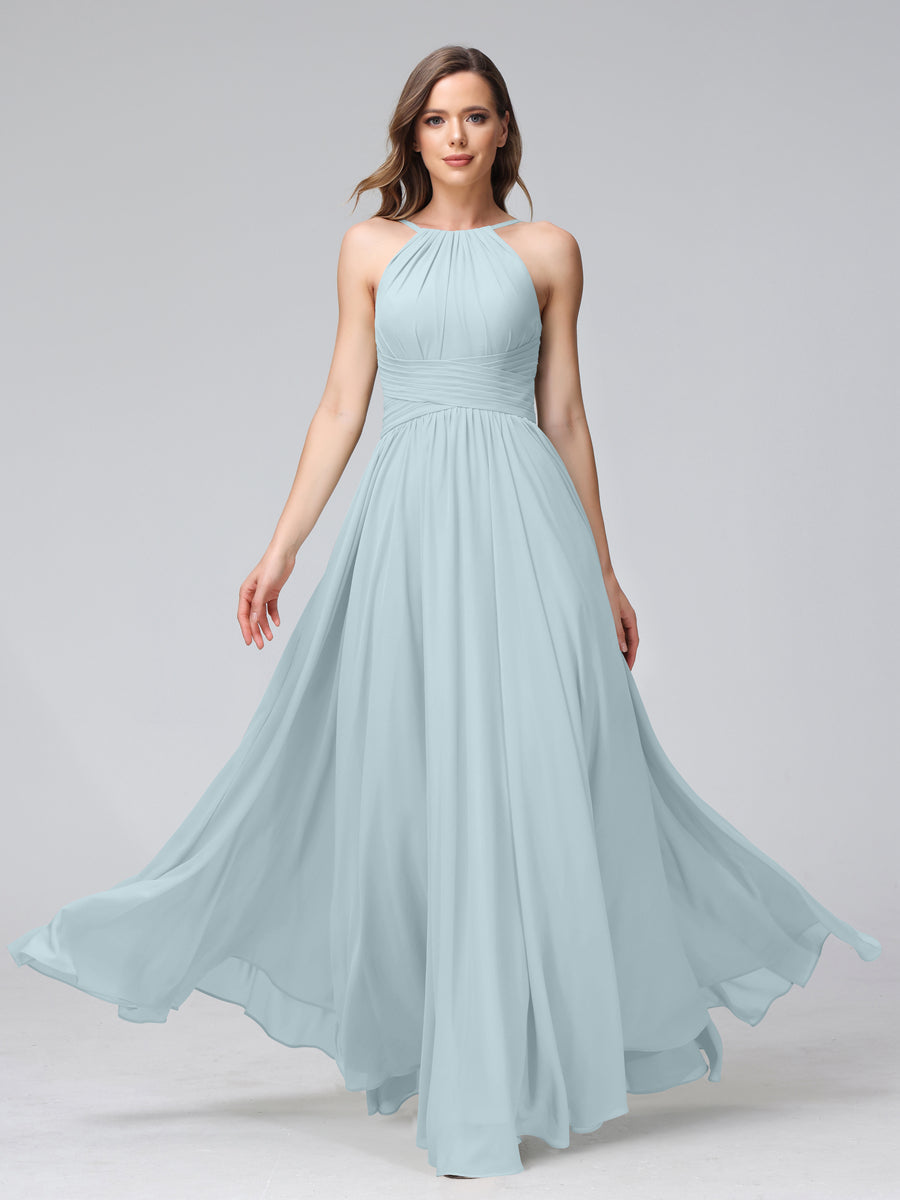 Vestidos de Dama de Honra Em Chiffon com Frente Única Evasê Sem Mangas Franzidos Até O Chão