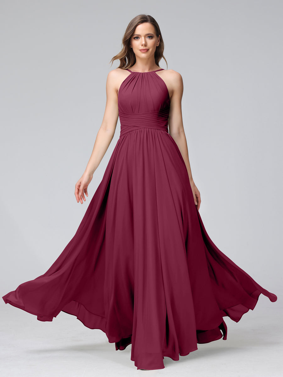 Vestidos de Dama de Honra Em Chiffon com Frente Única Evasê Sem Mangas Franzidos Até O Chão