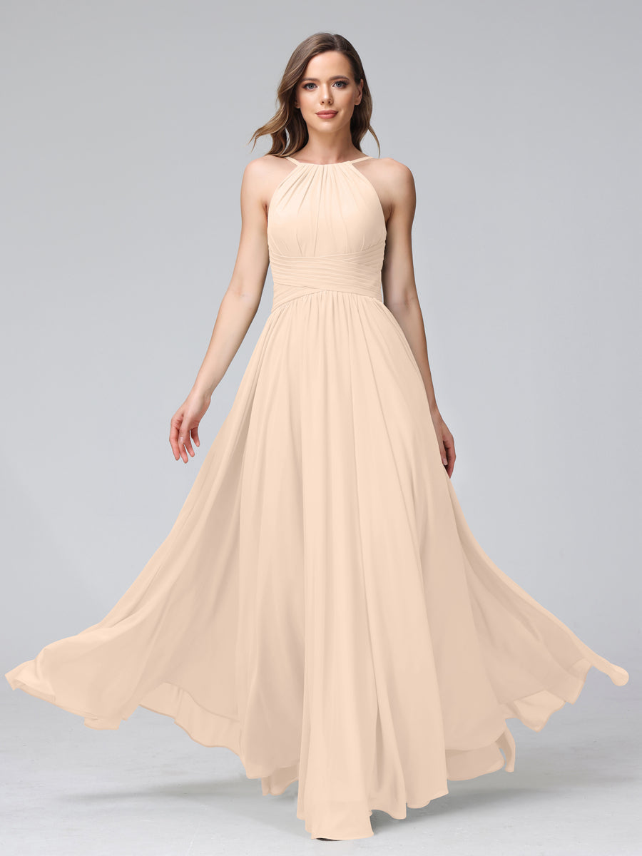 Vestidos de Dama de Honra Em Chiffon com Frente Única Evasê Sem Mangas Franzidos Até O Chão