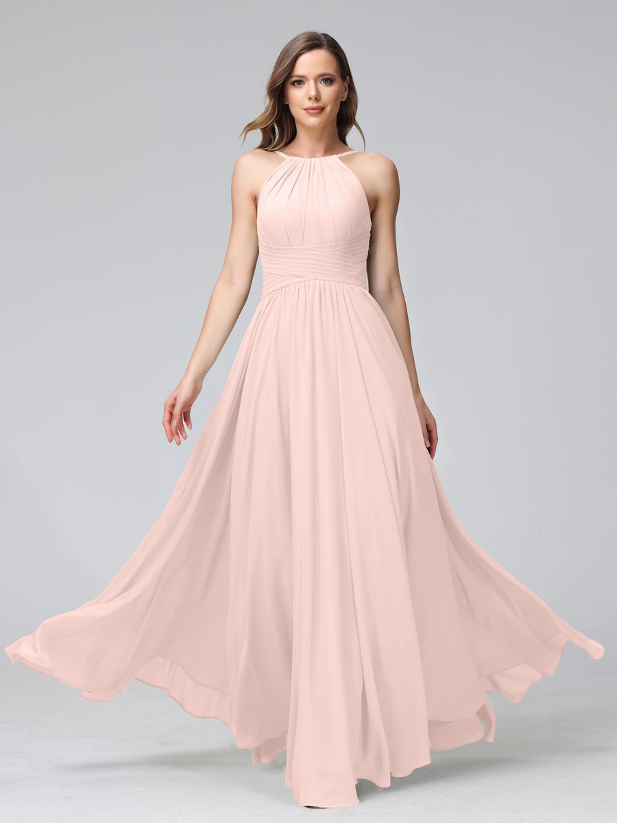 Vestidos de Dama de Honra Em Chiffon com Frente Única Evasê Sem Mangas Franzidos Até O Chão