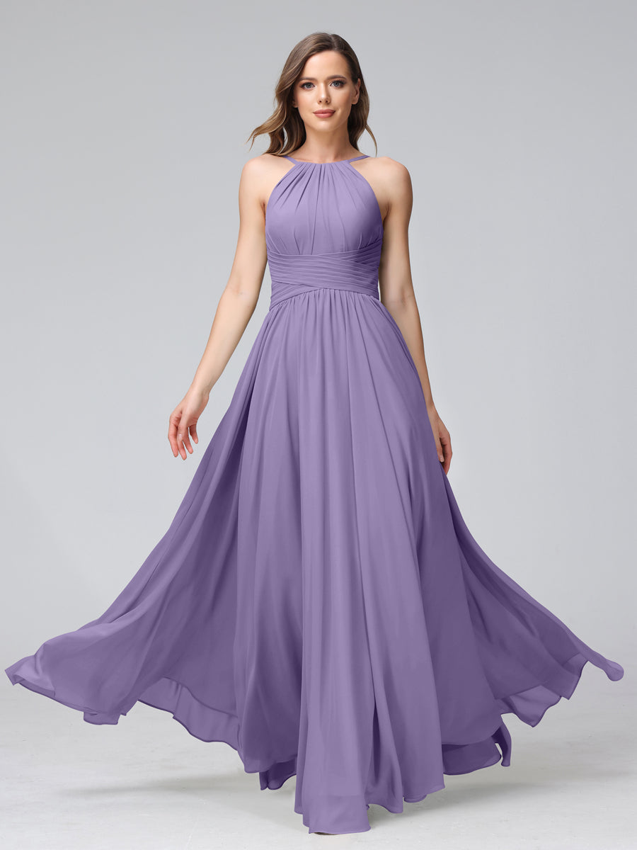 Vestidos de Dama de Honra Em Chiffon com Frente Única Evasê Sem Mangas Franzidos Até O Chão