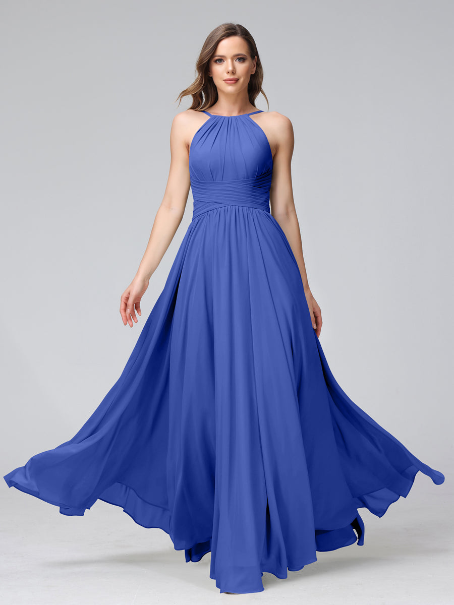Vestidos de Dama de Honra Em Chiffon com Frente Única Evasê Sem Mangas Franzidos Até O Chão