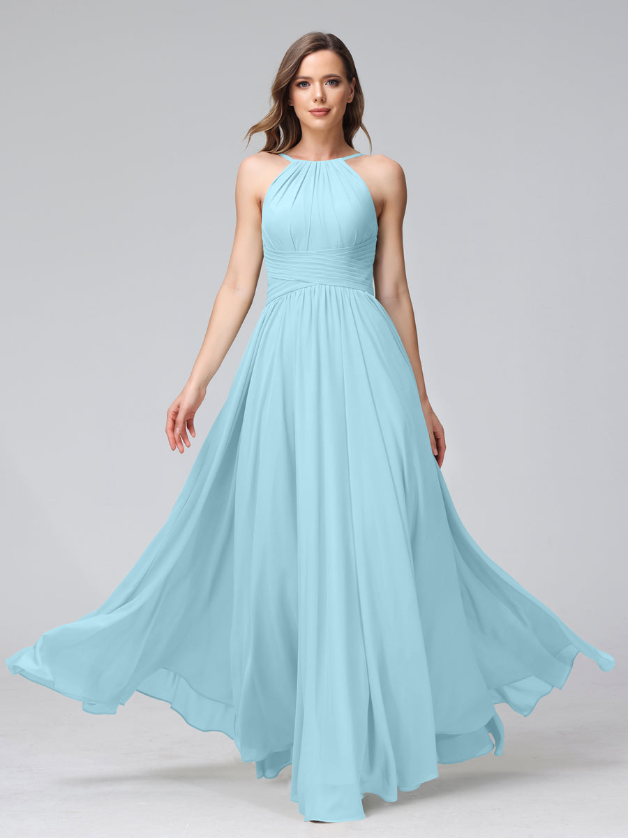 Vestidos de Dama de Honra Em Chiffon com Frente Única Evasê Sem Mangas Franzidos Até O Chão