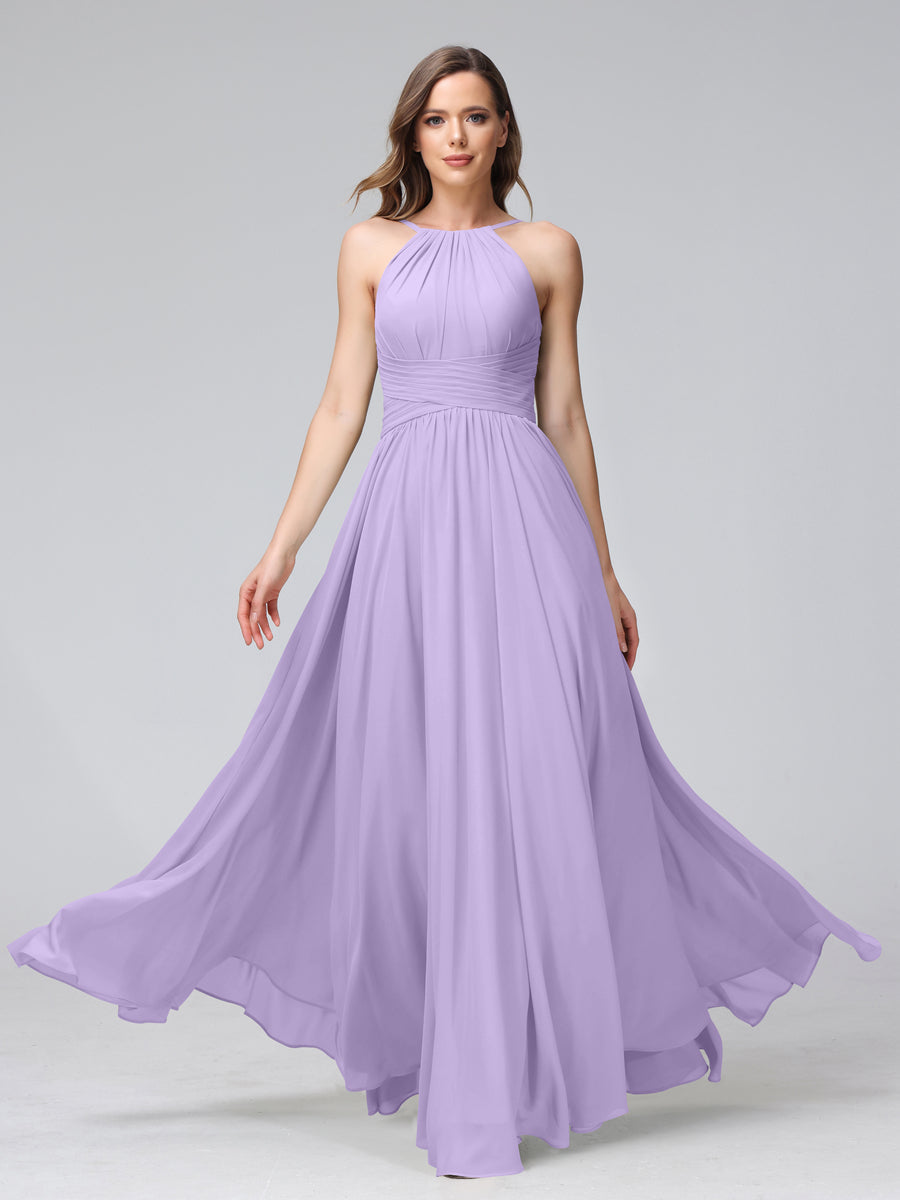 Vestidos de Dama de Honra Em Chiffon com Frente Única Evasê Sem Mangas Franzidos Até O Chão
