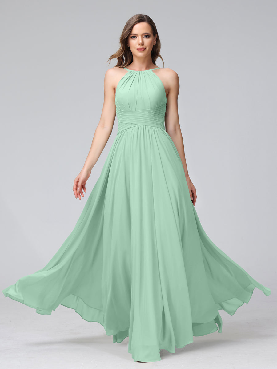 Vestidos de Dama de Honra Em Chiffon com Frente Única Evasê Sem Mangas Franzidos Até O Chão