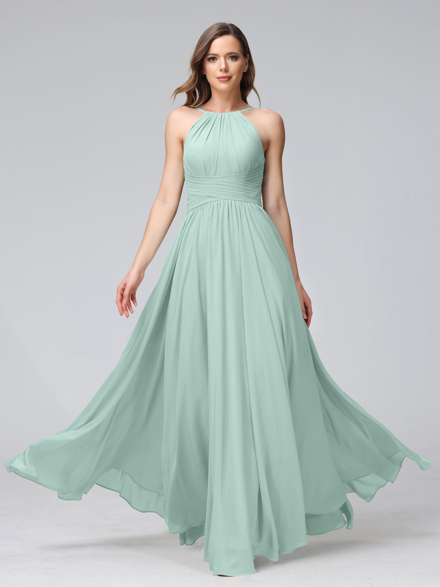 Vestidos de Dama de Honra Em Chiffon com Frente Única Evasê Sem Mangas Franzidos Até O Chão