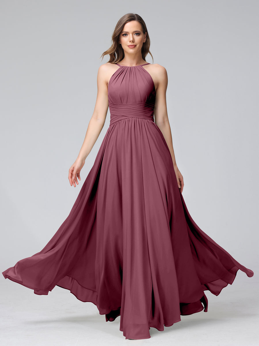 Vestidos de Dama de Honra Em Chiffon com Frente Única Evasê Sem Mangas Franzidos Até O Chão