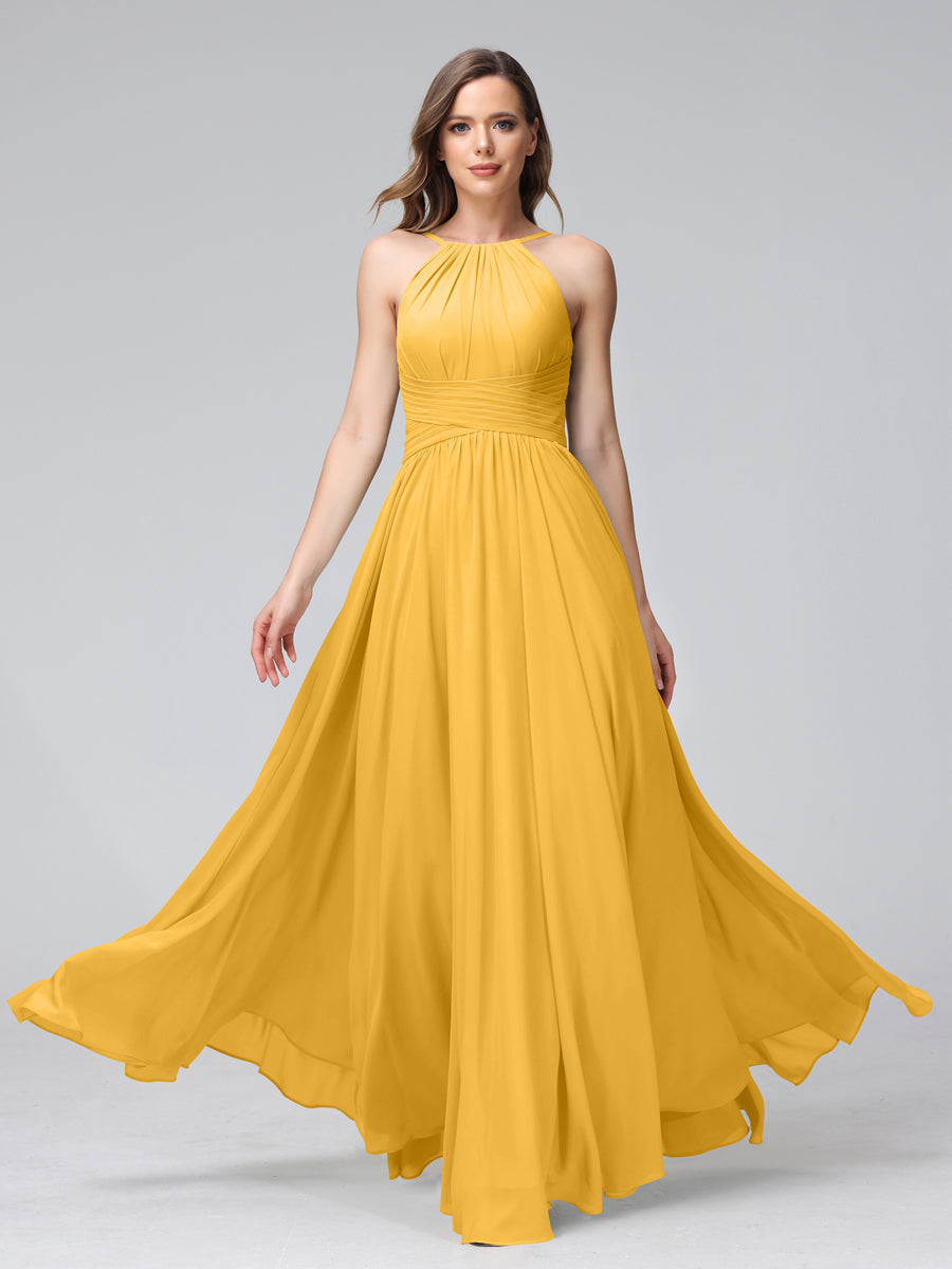 Vestidos de Dama de Honra Em Chiffon com Frente Única Evasê Sem Mangas Franzidos Até O Chão
