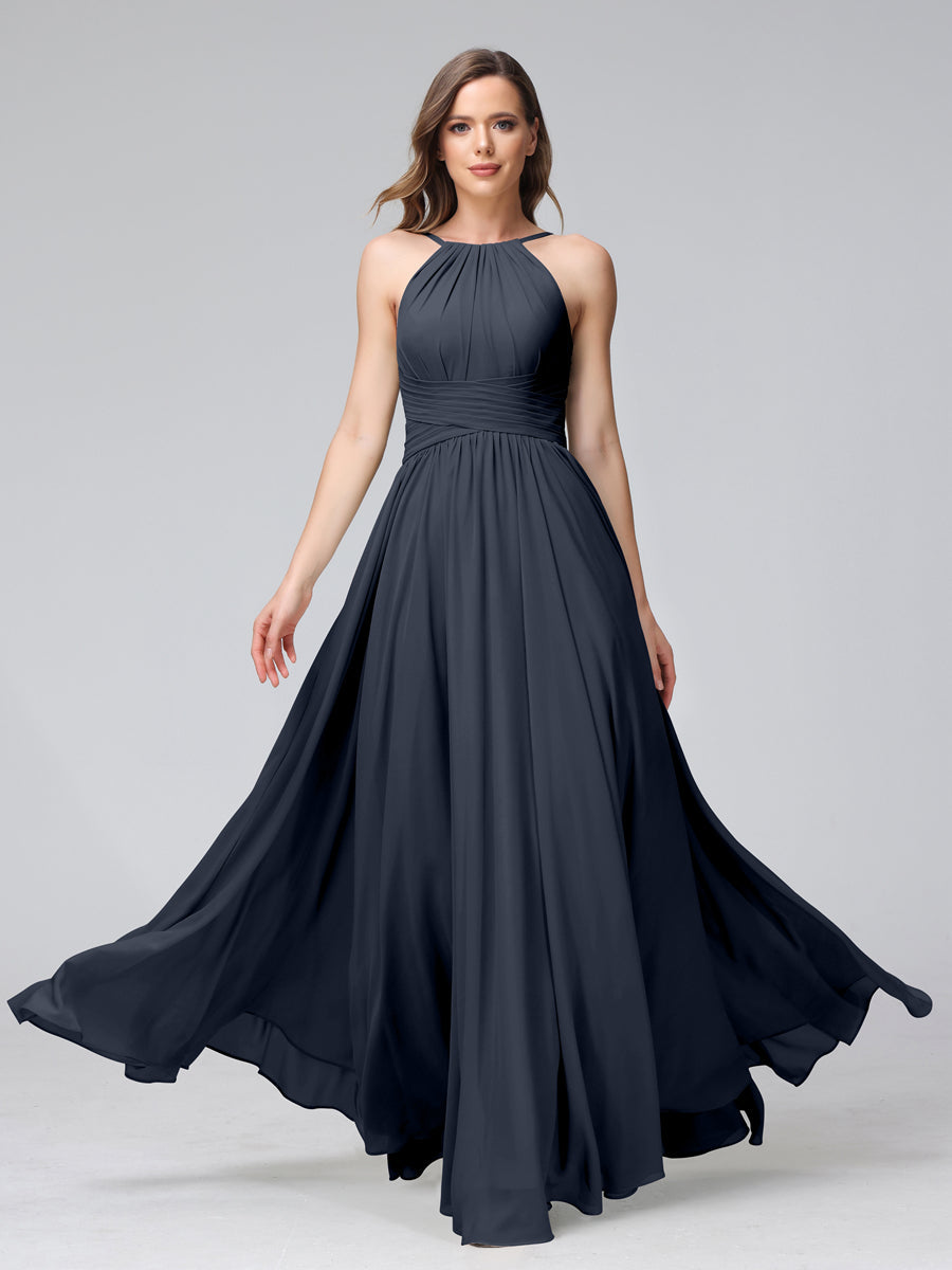 Vestidos de Dama de Honra Em Chiffon com Frente Única Evasê Sem Mangas Franzidos Até O Chão