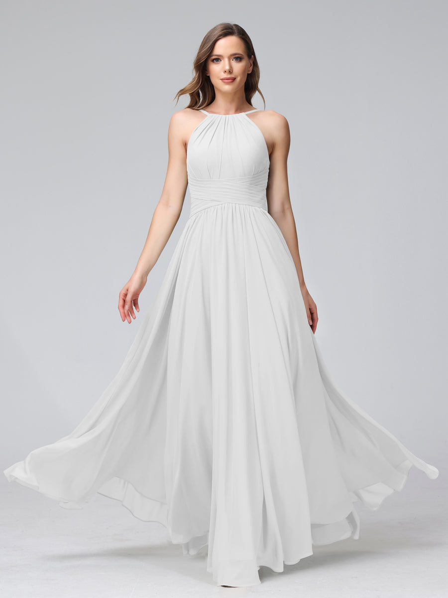Vestidos de Dama de Honra Em Chiffon com Frente Única Evasê Sem Mangas Franzidos Até O Chão