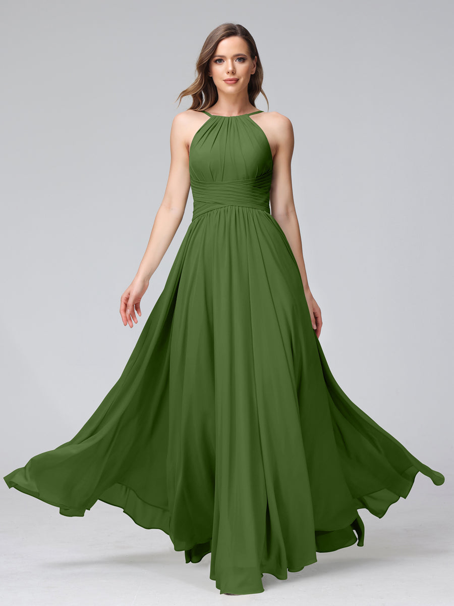 Vestidos de Dama de Honra Em Chiffon com Frente Única Evasê Sem Mangas Franzidos Até O Chão