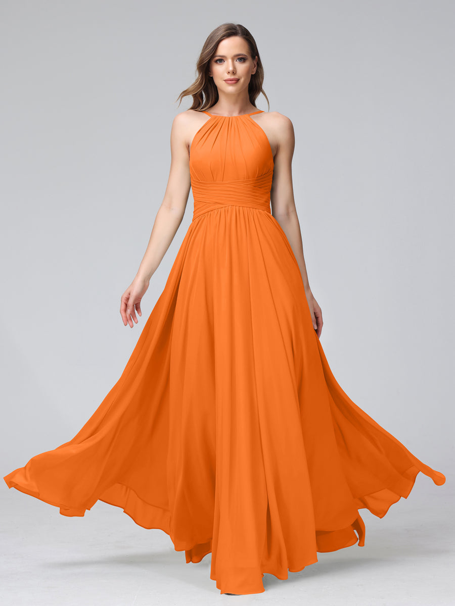 Vestidos de Dama de Honra Em Chiffon com Frente Única Evasê Sem Mangas Franzidos Até O Chão