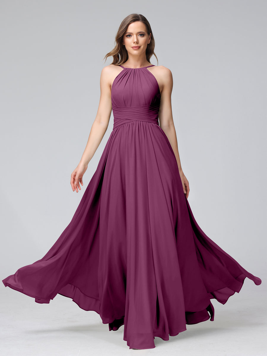 Vestidos de Dama de Honra Em Chiffon com Frente Única Evasê Sem Mangas Franzidos Até O Chão