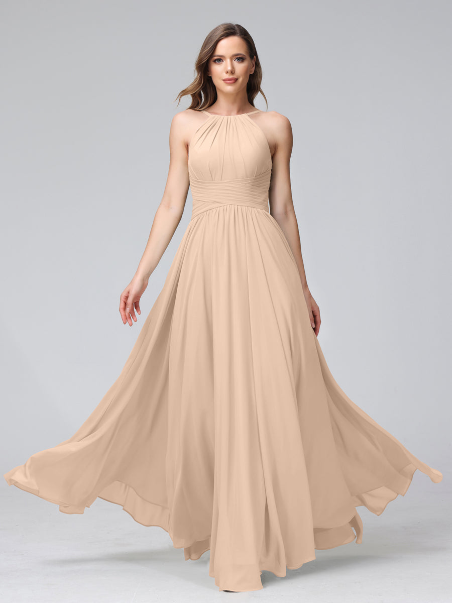 Vestidos de Dama de Honra Em Chiffon com Frente Única Evasê Sem Mangas Franzidos Até O Chão