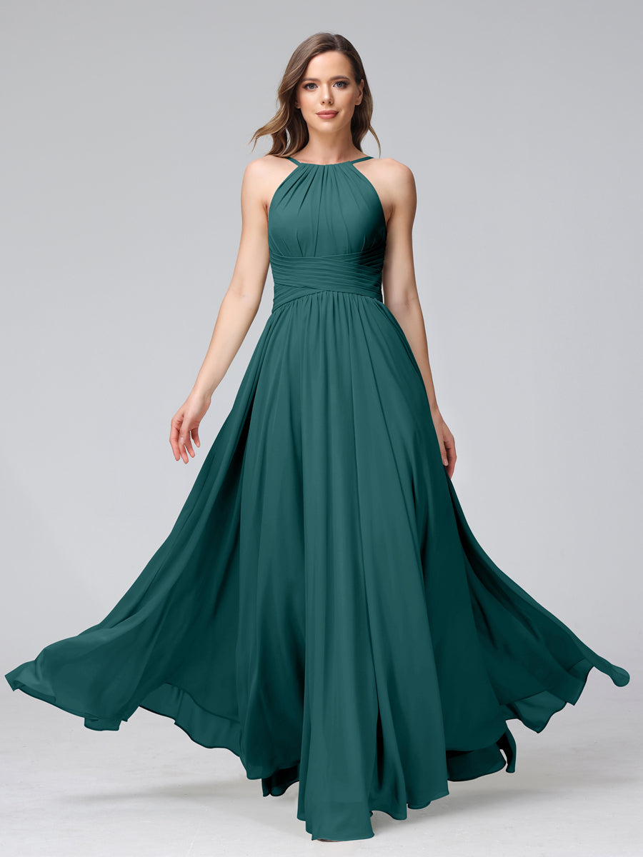 Vestidos de Dama de Honra Em Chiffon com Frente Única Evasê Sem Mangas Franzidos Até O Chão
