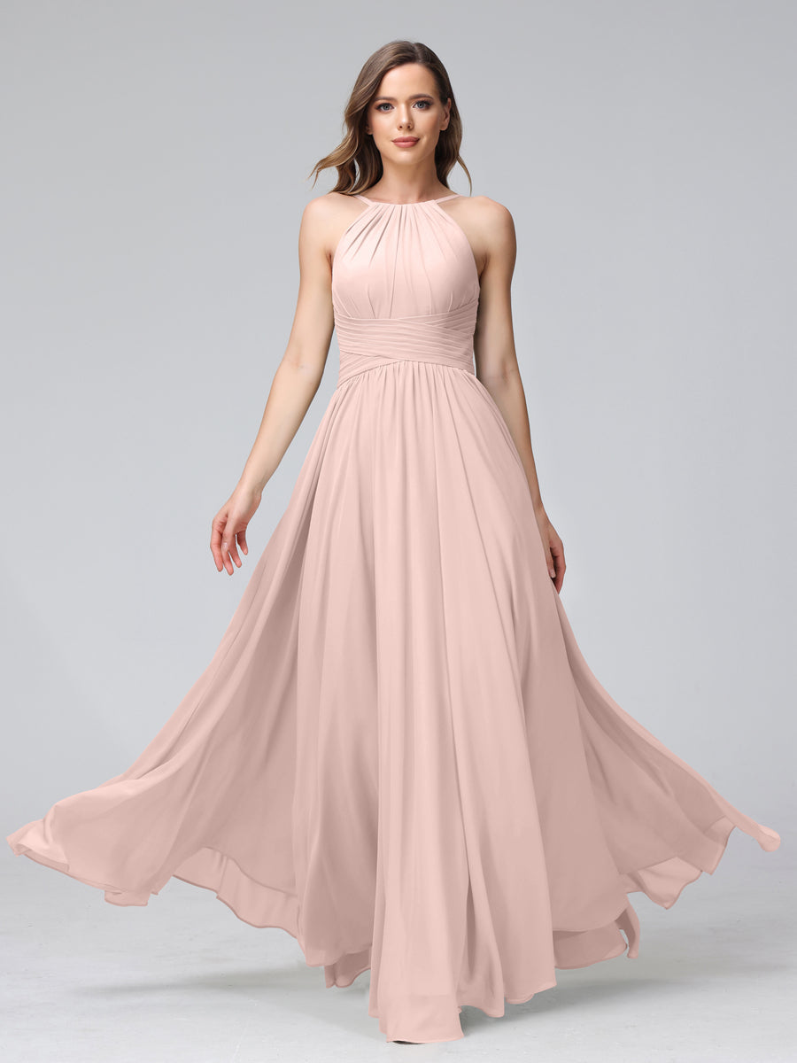 Vestidos de Dama de Honra Em Chiffon com Frente Única Evasê Sem Mangas Franzidos Até O Chão