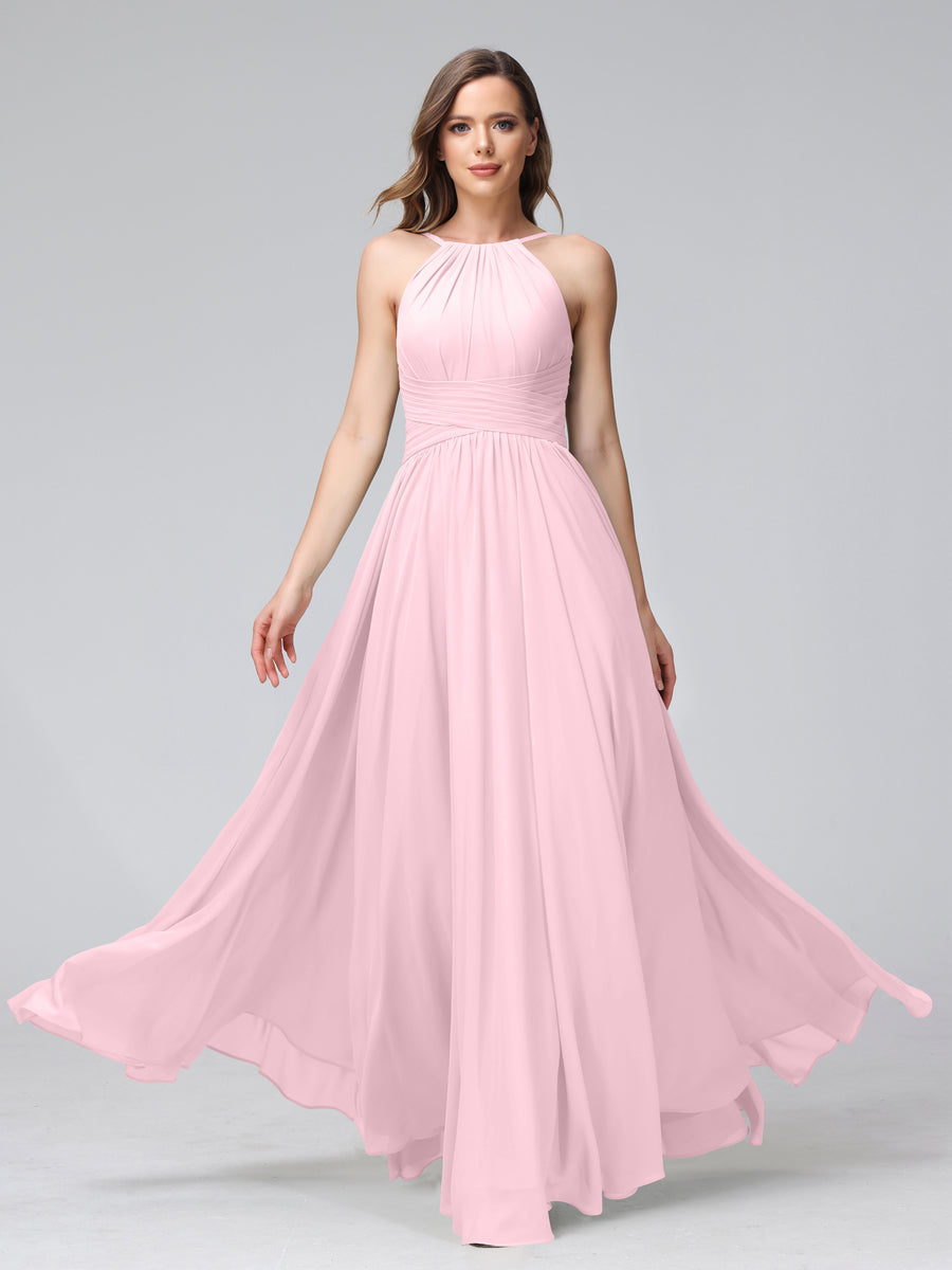 Vestidos de Dama de Honra Em Chiffon com Frente Única Evasê Sem Mangas Franzidos Até O Chão