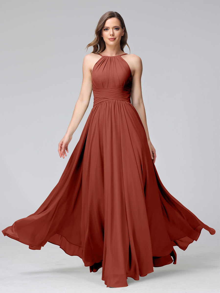 Vestidos de Dama de Honra Em Chiffon com Frente Única Evasê Sem Mangas Franzidos Até O Chão