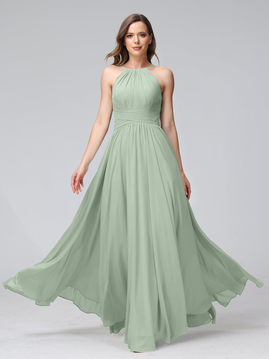Vestidos de Dama de Honra Em Chiffon com Frente Única Evasê Sem Mangas Franzidos Até O Chão