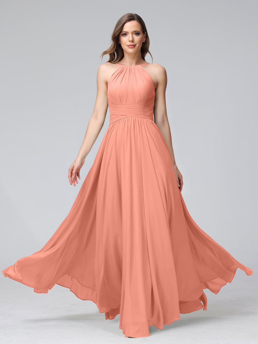 Vestidos de Dama de Honra Em Chiffon com Frente Única Evasê Sem Mangas Franzidos Até O Chão