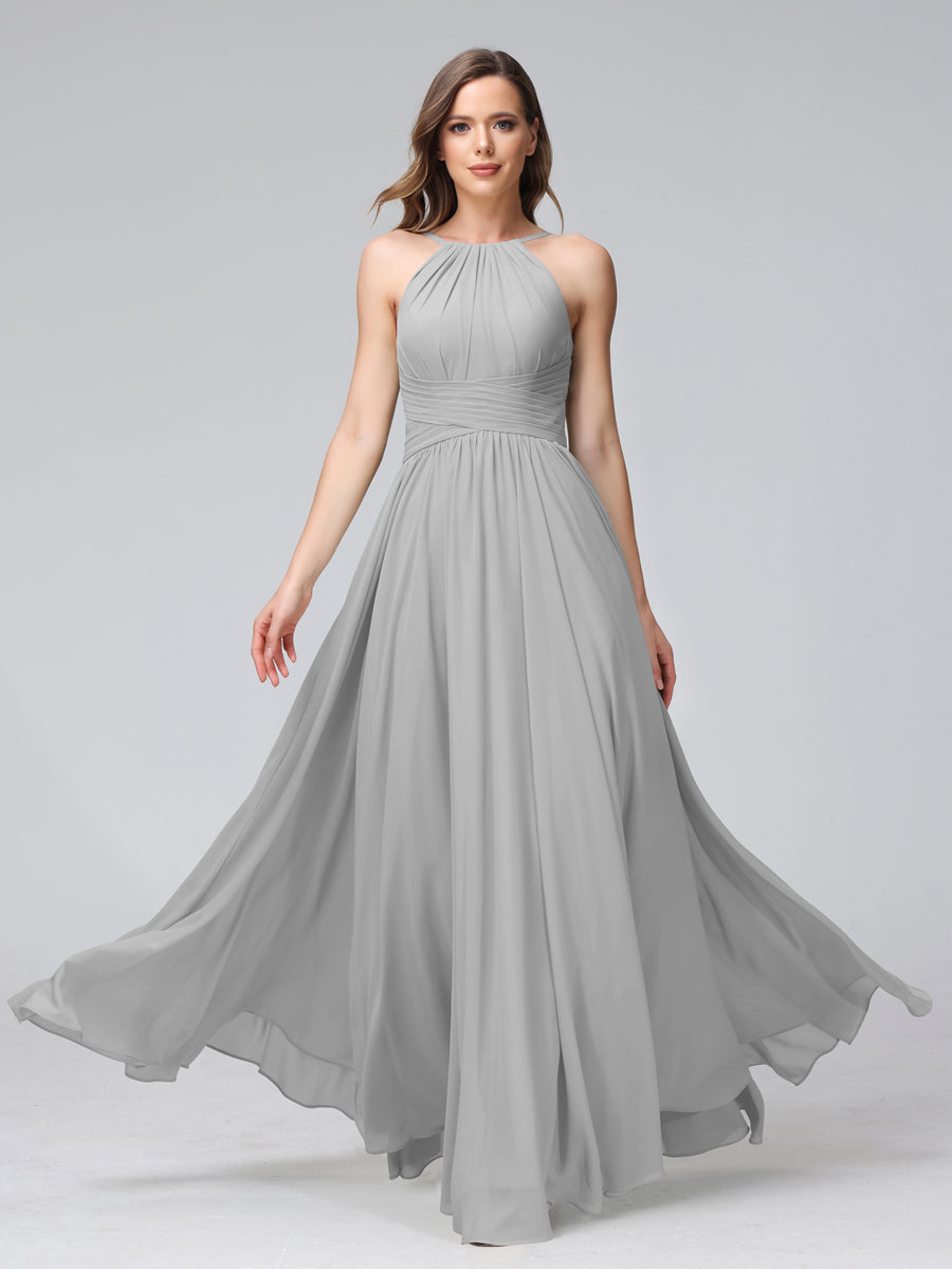 Vestidos de Dama de Honra Em Chiffon com Frente Única Evasê Sem Mangas Franzidos Até O Chão