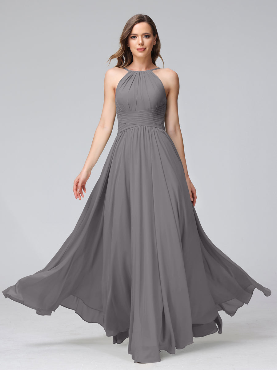 Vestidos de Dama de Honra Em Chiffon com Frente Única Evasê Sem Mangas Franzidos Até O Chão