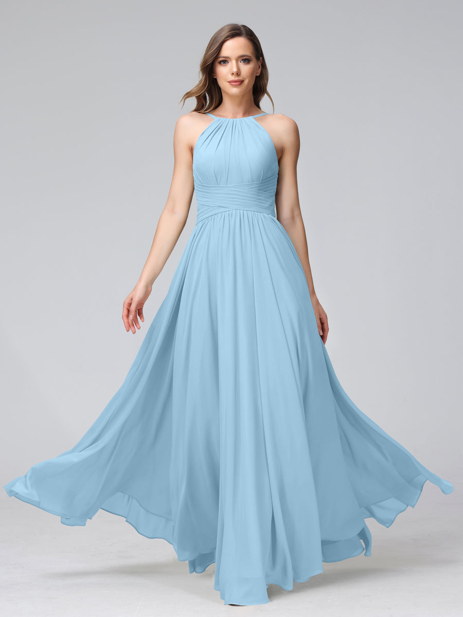Vestidos de Dama de Honra Em Chiffon com Frente Única Evasê Sem Mangas Franzidos Até O Chão