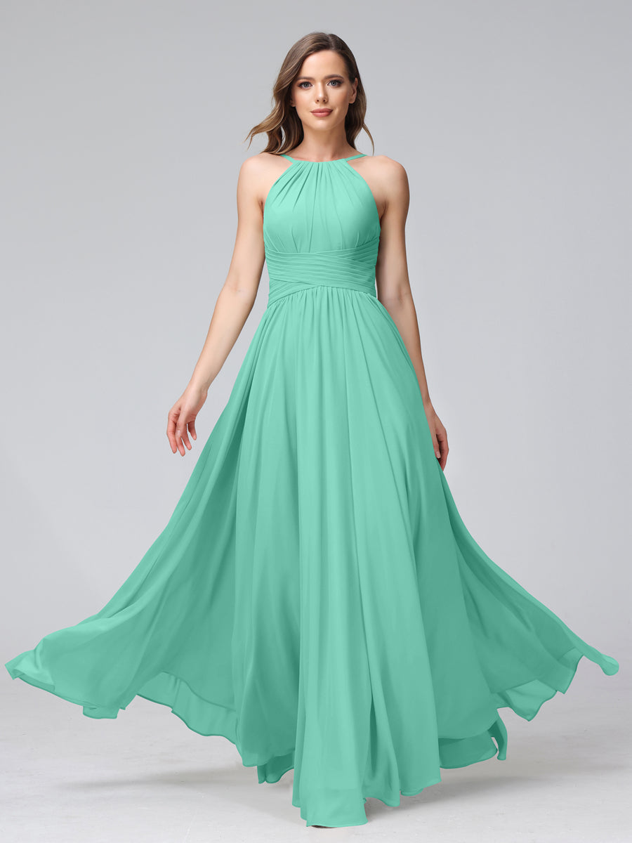 Vestidos de Dama de Honra Em Chiffon com Frente Única Evasê Sem Mangas Franzidos Até O Chão