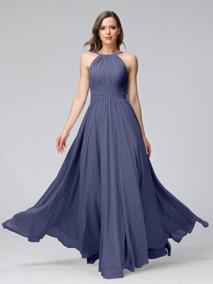 Vestidos de Dama de Honra Em Chiffon com Frente Única Evasê Sem Mangas Franzidos Até O Chão