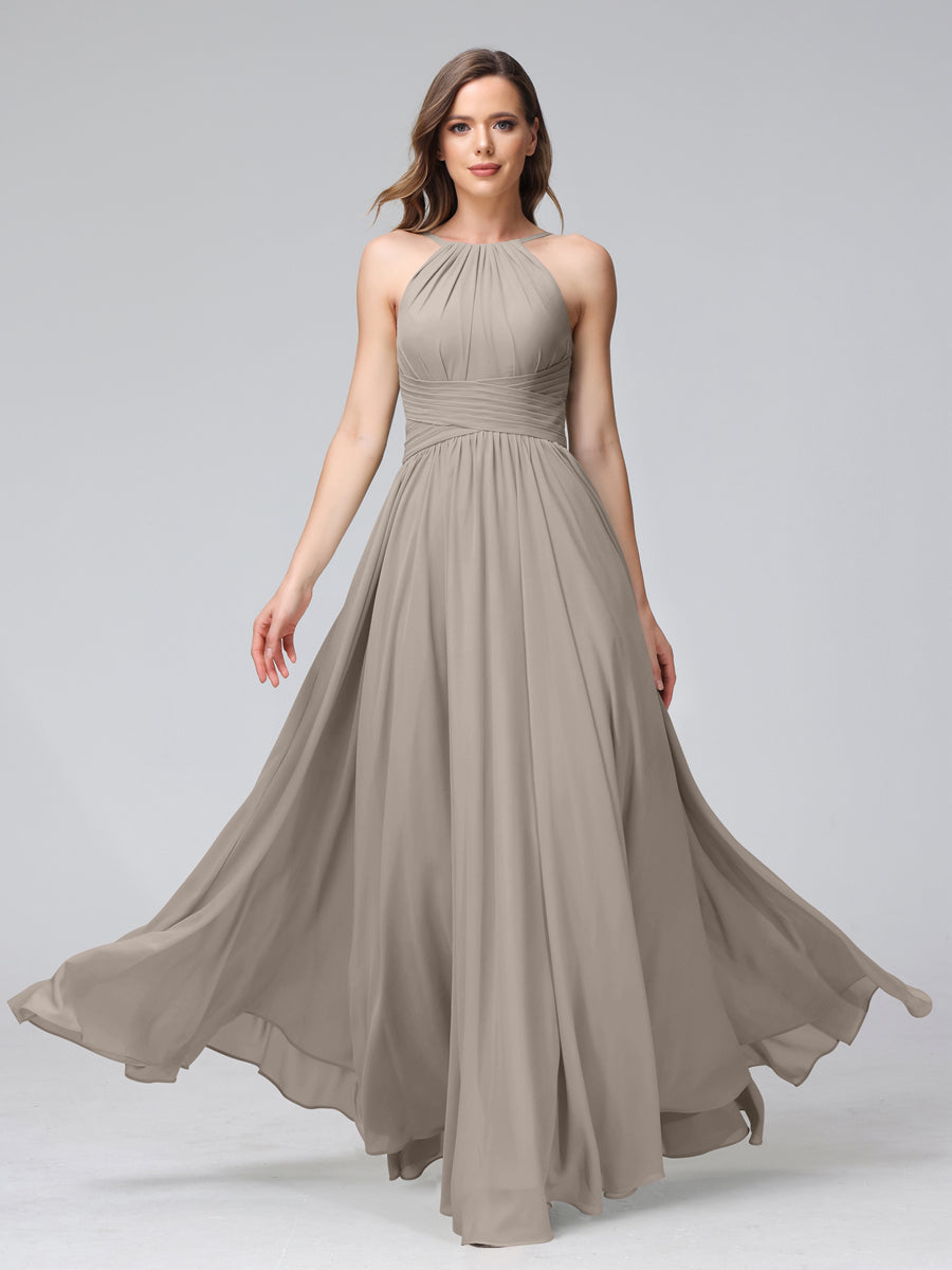 Vestidos de Dama de Honra Em Chiffon com Frente Única Evasê Sem Mangas Franzidos Até O Chão