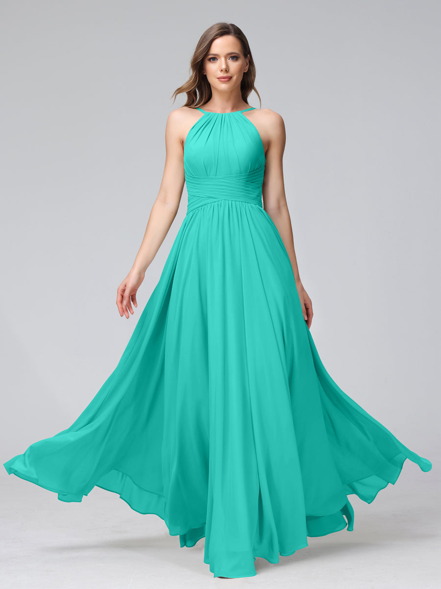 Vestidos de Dama de Honra Em Chiffon com Frente Única Evasê Sem Mangas Franzidos Até O Chão
