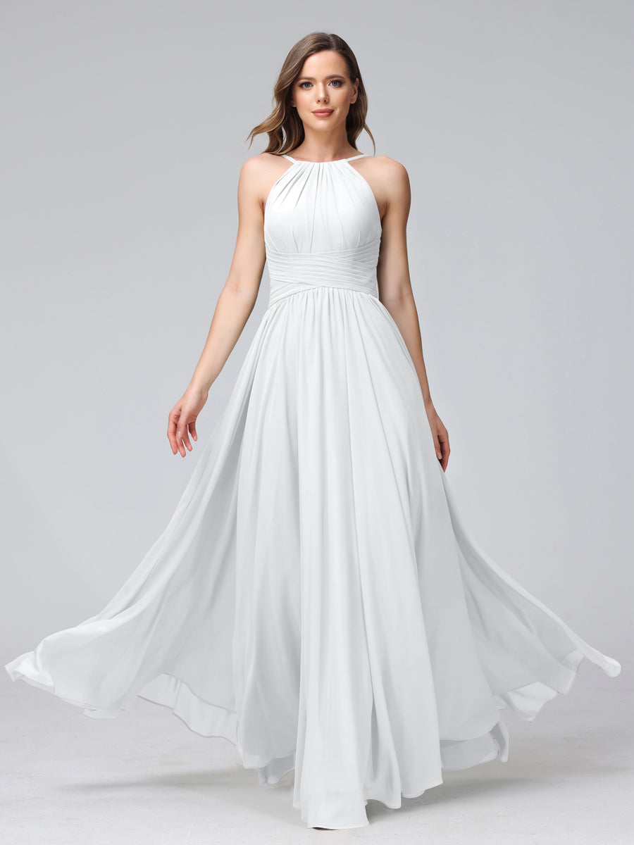 Vestidos de Dama de Honra Em Chiffon com Frente Única Evasê Sem Mangas Franzidos Até O Chão