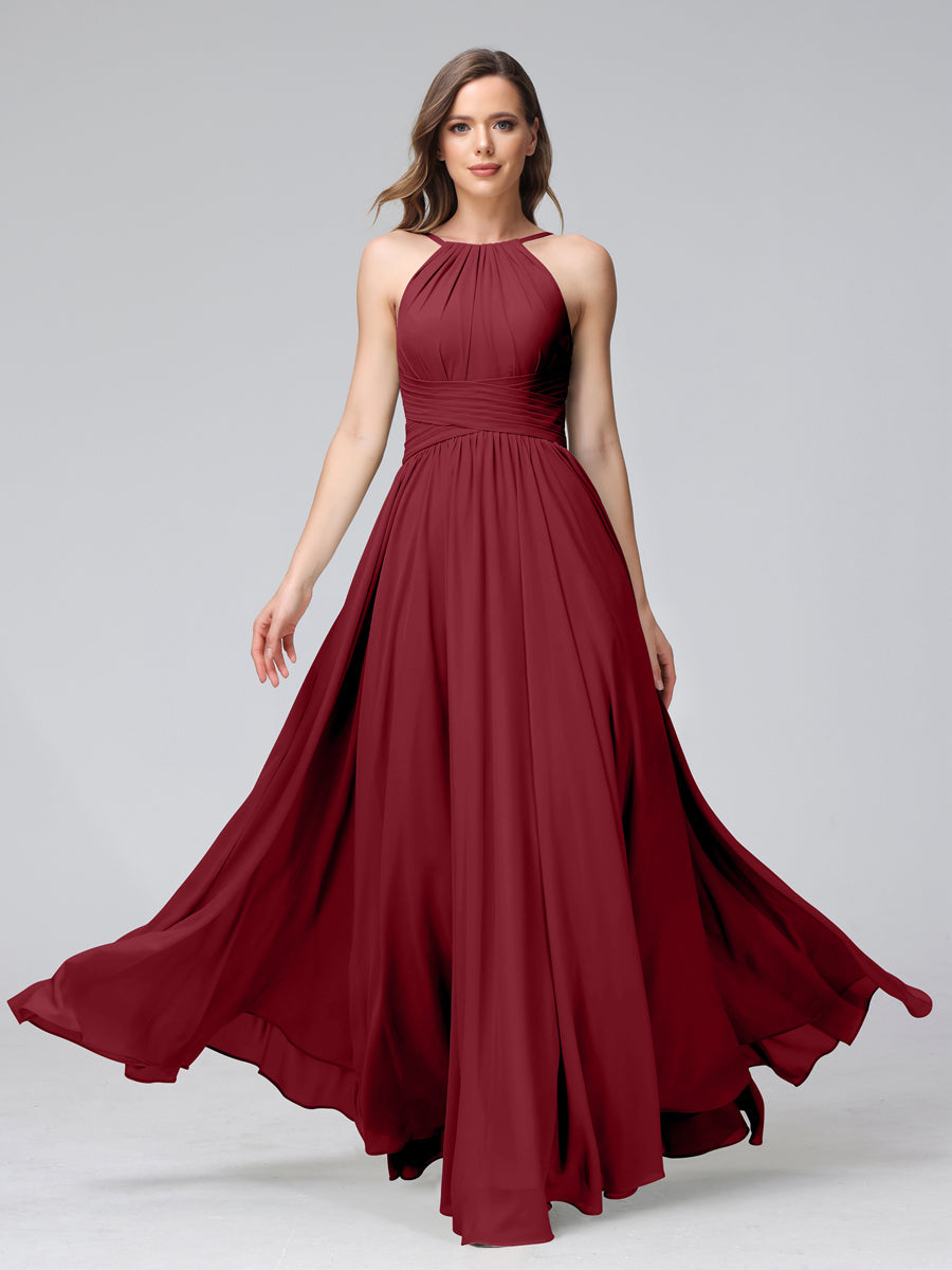 Vestidos de Dama de Honra Em Chiffon com Frente Única Evasê Sem Mangas Franzidos Até O Chão