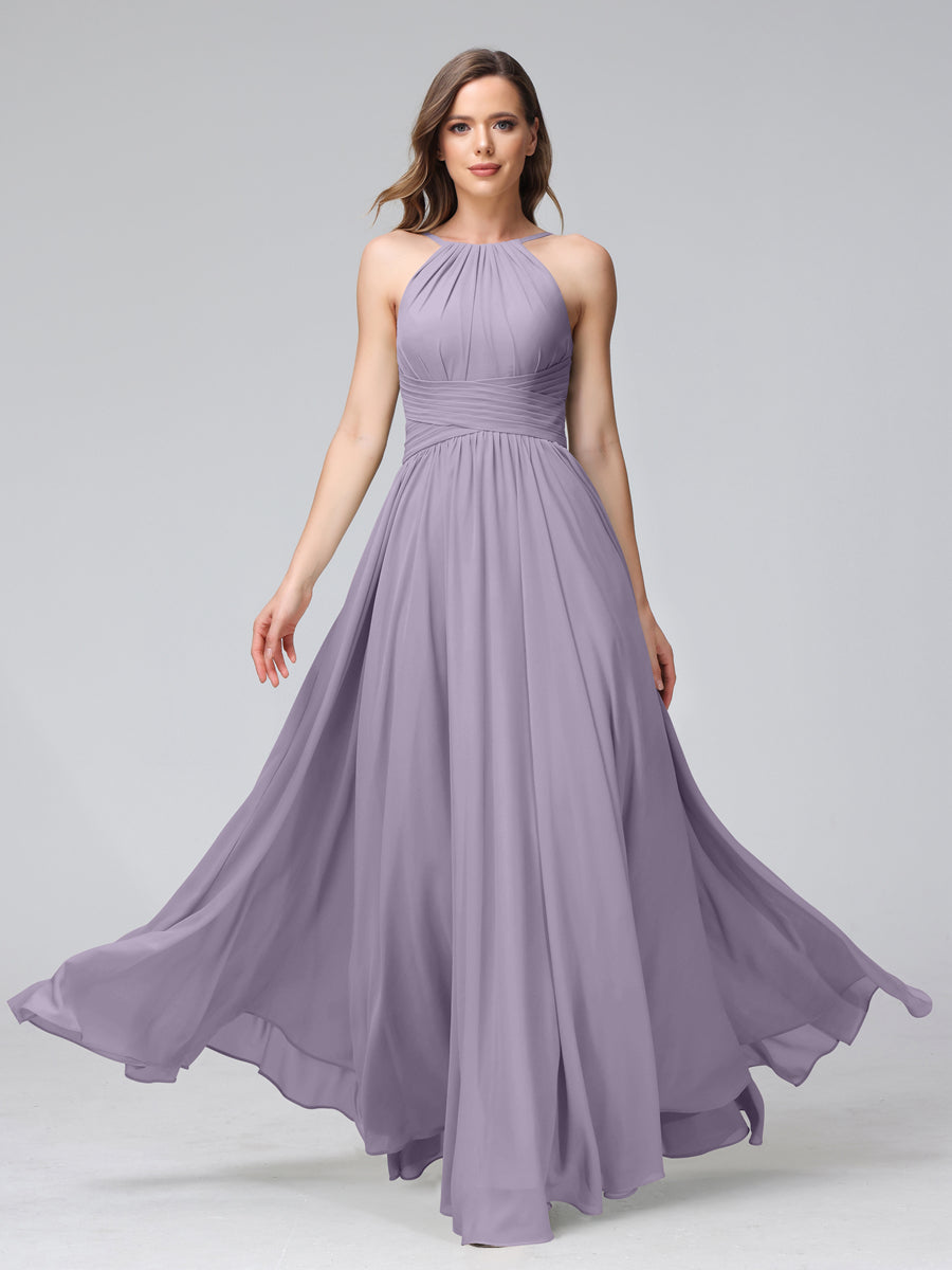 Vestidos de Dama de Honra Em Chiffon com Frente Única Evasê Sem Mangas Franzidos Até O Chão