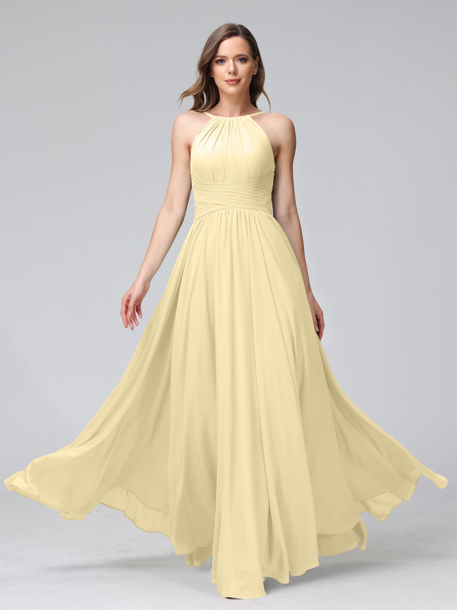 Vestidos de Dama de Honra Em Chiffon com Frente Única Evasê Sem Mangas Franzidos Até O Chão