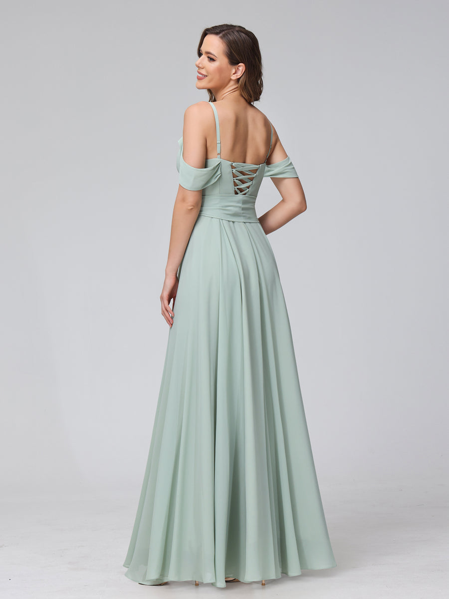 Vestidos de Dama de Honra Em Chiffon com Mangas Curtas e Decote Em V com Alças Finas e Laterais Divididas