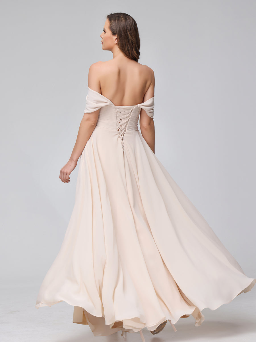 Vestidos de Dama de Honra de Chiffon Longo Sem Mangas com Ombros de Fora e Franzidos com Divisão Lateral