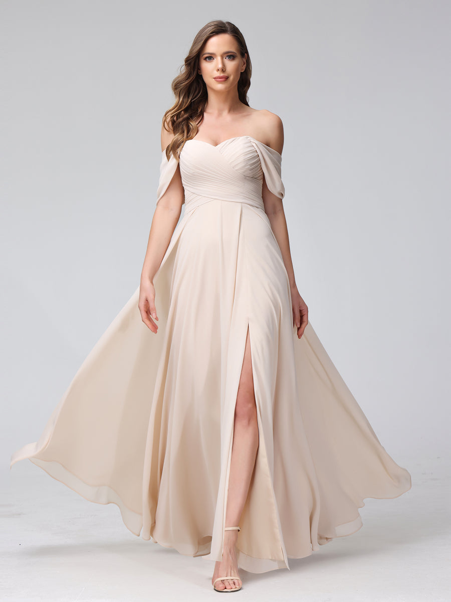 Vestidos de Dama de Honra de Chiffon Longo Sem Mangas com Ombros de Fora e Franzidos com Divisão Lateral