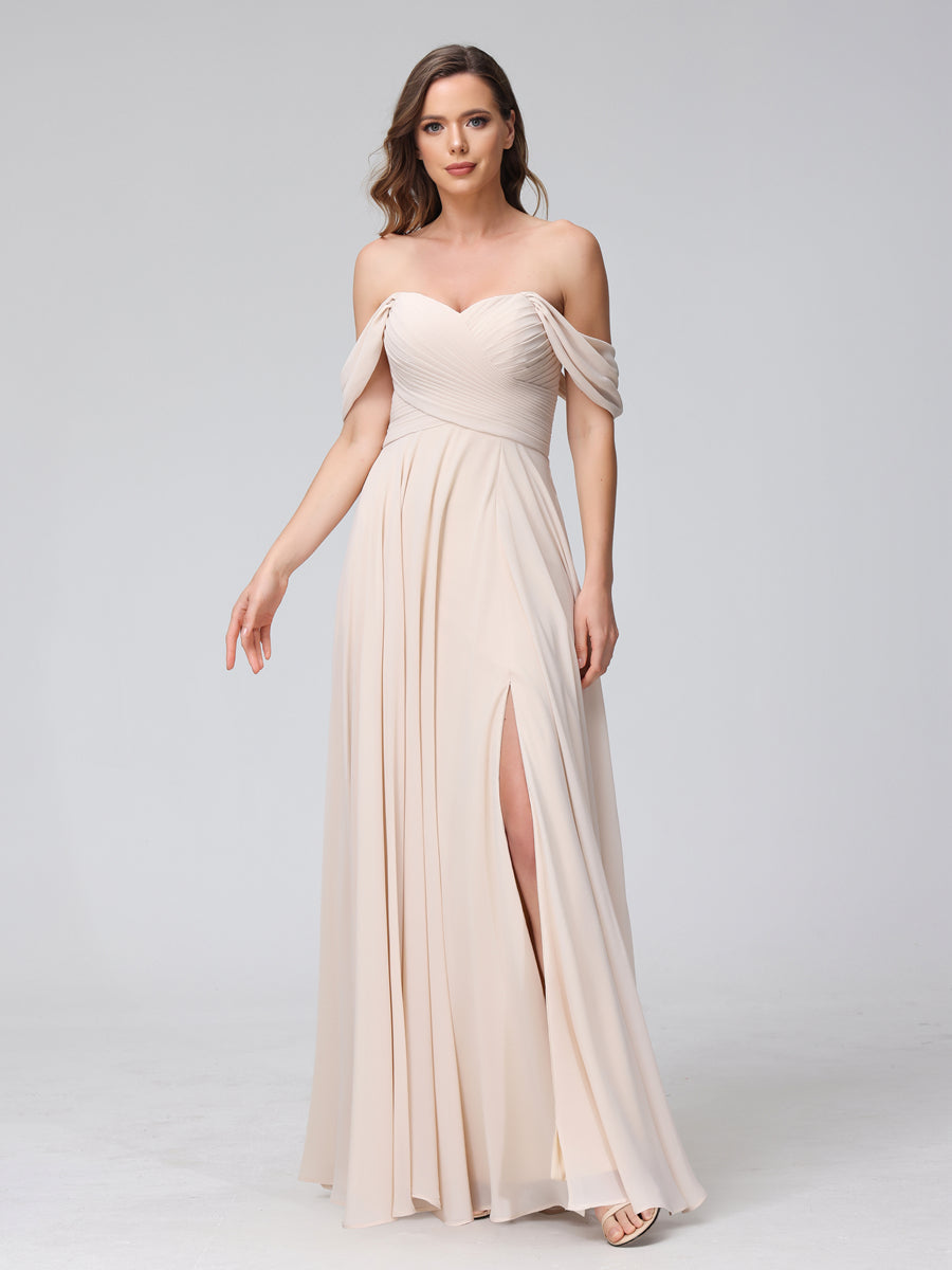 Vestidos de Dama de Honra de Chiffon Longo Sem Mangas com Ombros de Fora e Franzidos com Divisão Lateral