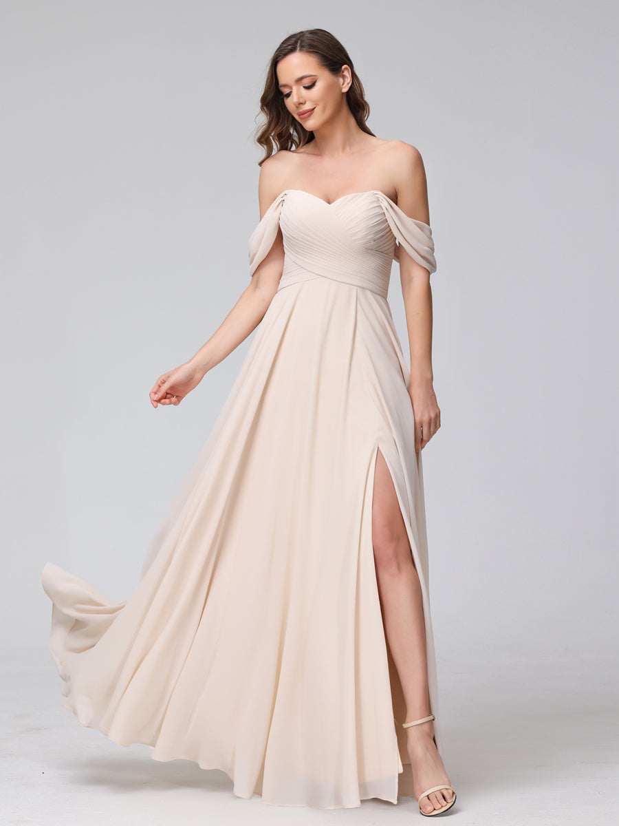 Vestidos de Dama de Honra de Chiffon Longo Sem Mangas com Ombros de Fora e Franzidos com Divisão Lateral