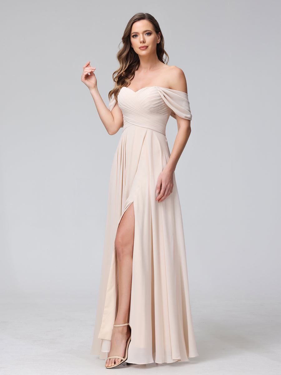 Vestidos de Dama de Honra de Chiffon Longo Sem Mangas com Ombros de Fora e Franzidos com Divisão Lateral