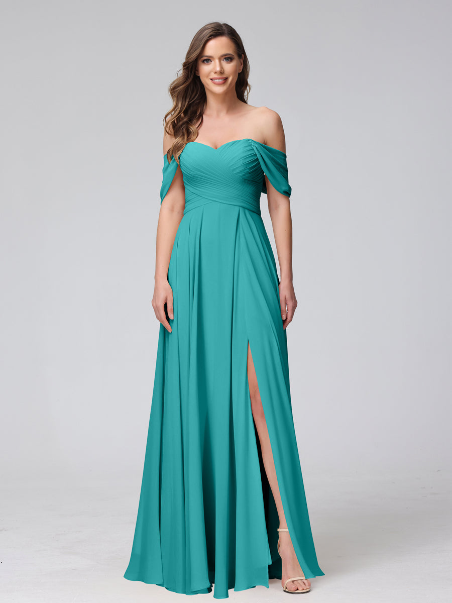 Vestidos de Dama de Honra de Chiffon Longo Sem Mangas com Ombros de Fora e Franzidos com Divisão Lateral