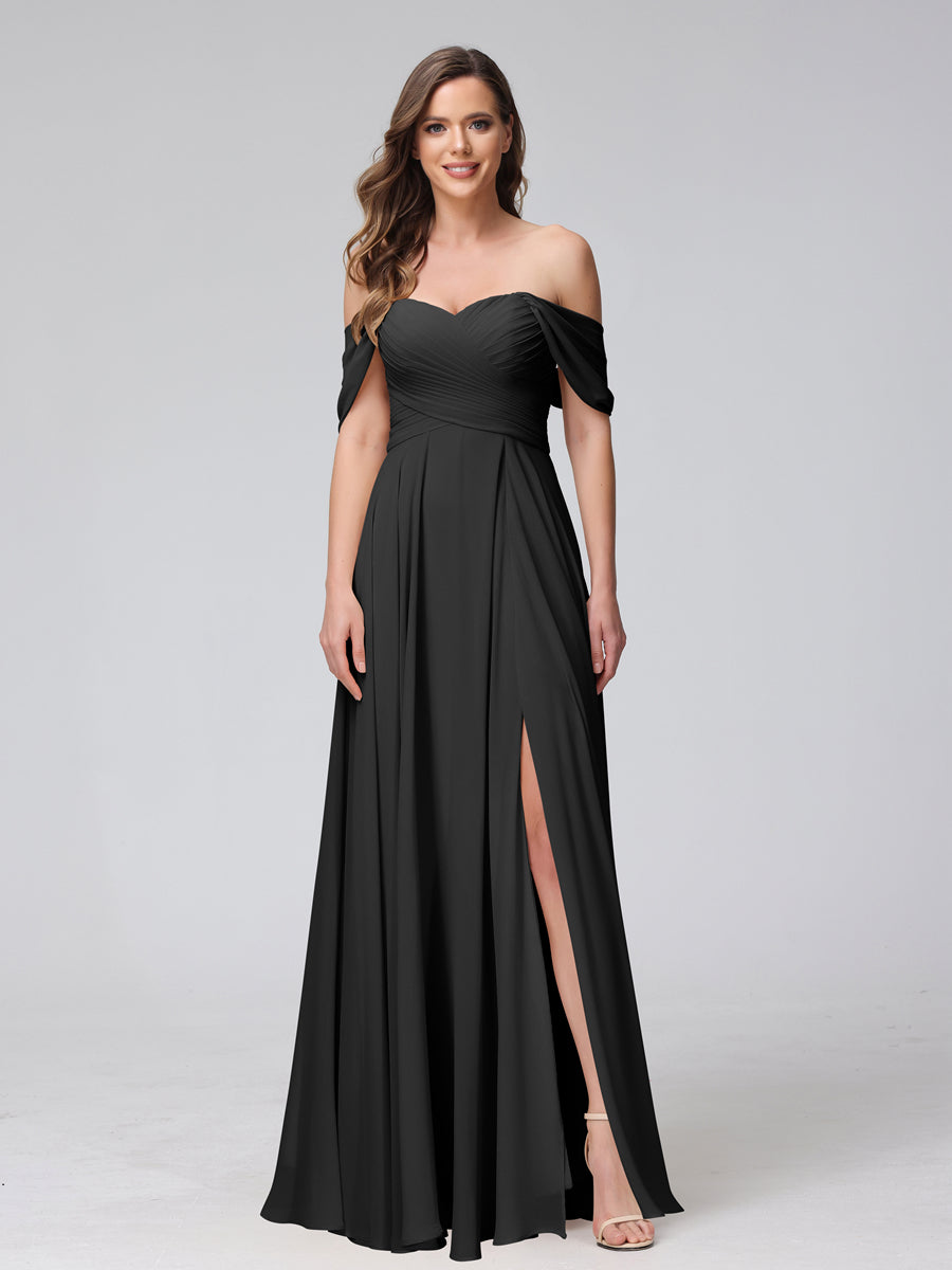Vestidos de Dama de Honra de Chiffon Longo Sem Mangas com Ombros de Fora e Franzidos com Divisão Lateral