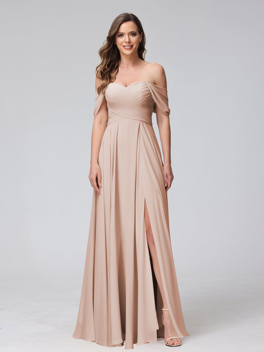 Vestidos de Dama de Honra de Chiffon Longo Sem Mangas com Ombros de Fora e Franzidos com Divisão Lateral
