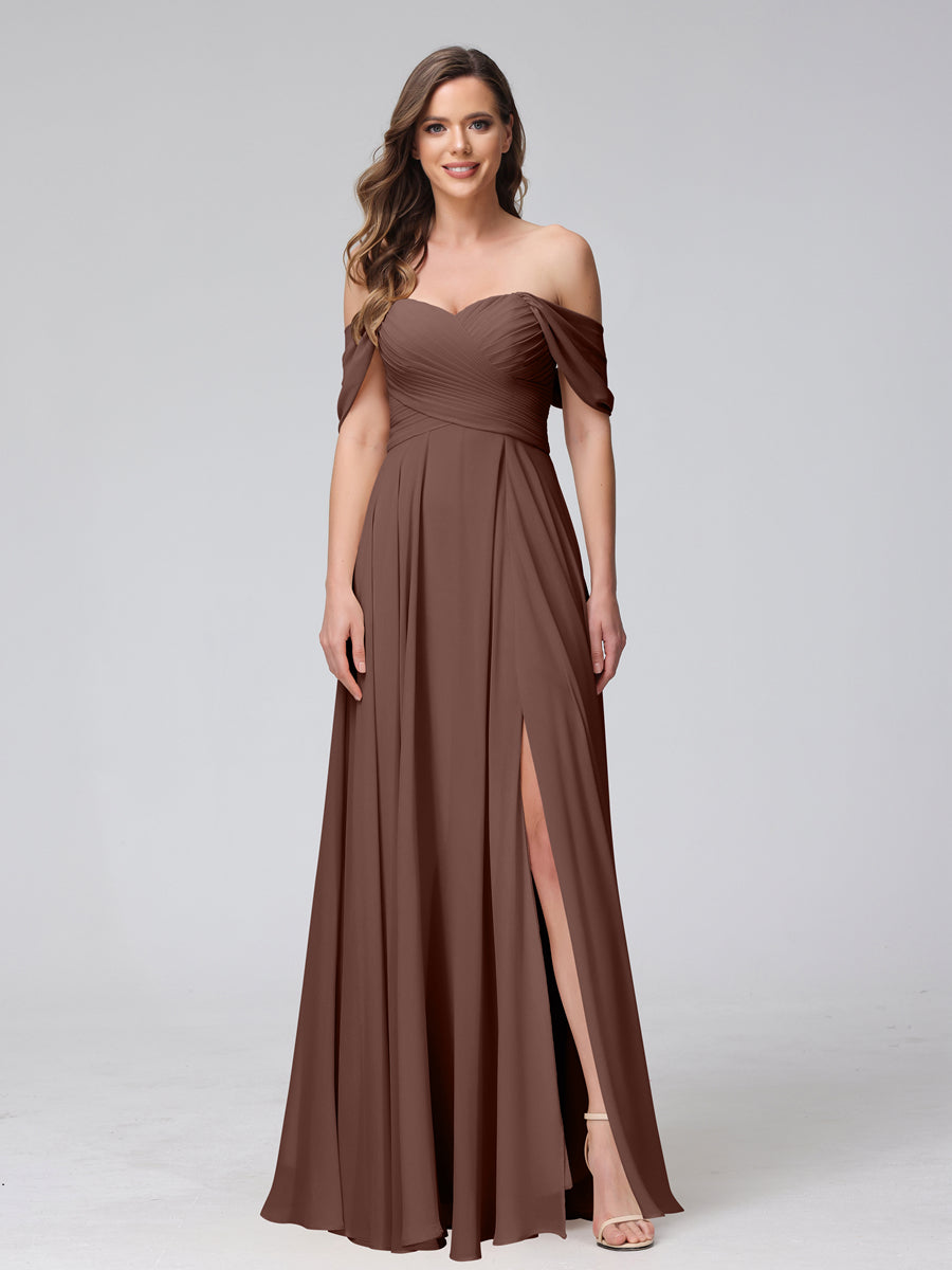 Vestidos de Dama de Honra de Chiffon Longo Sem Mangas com Ombros de Fora e Franzidos com Divisão Lateral