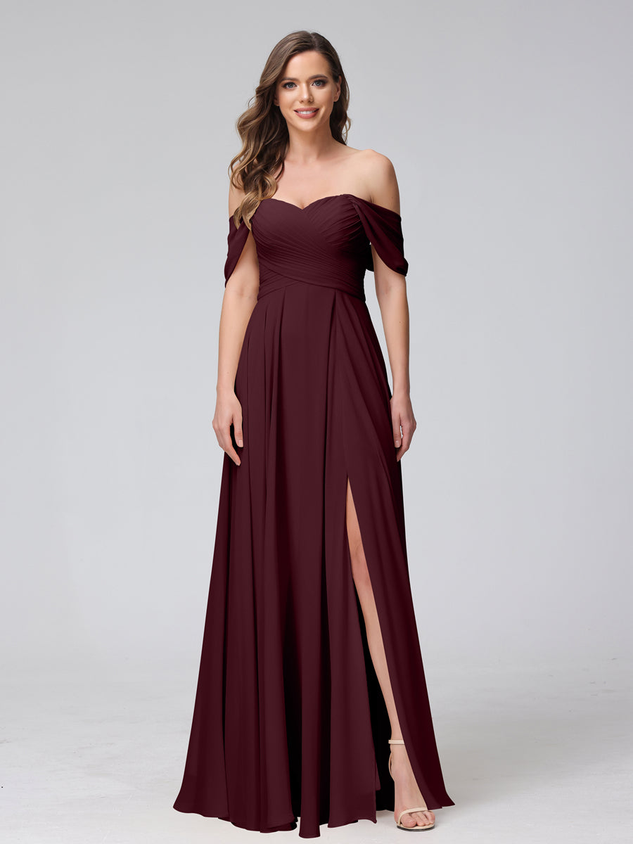 Vestidos de Dama de Honra de Chiffon Longo Sem Mangas com Ombros de Fora e Franzidos com Divisão Lateral