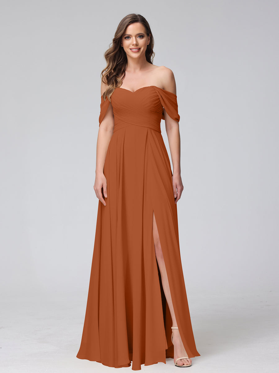 Vestidos de Dama de Honra de Chiffon Longo Sem Mangas com Ombros de Fora e Franzidos com Divisão Lateral
