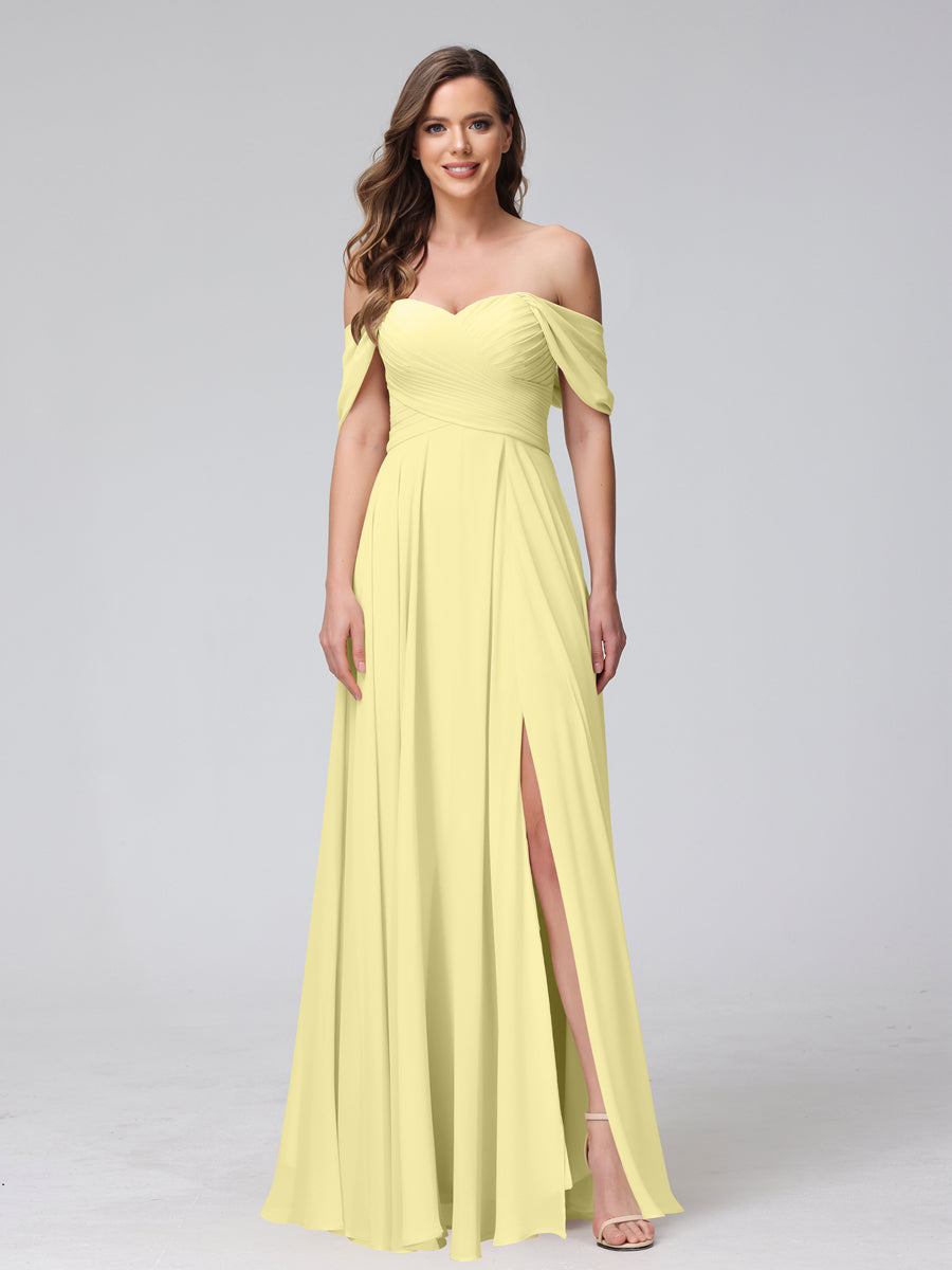 Vestidos de Dama de Honra de Chiffon Longo Sem Mangas com Ombros de Fora e Franzidos com Divisão Lateral